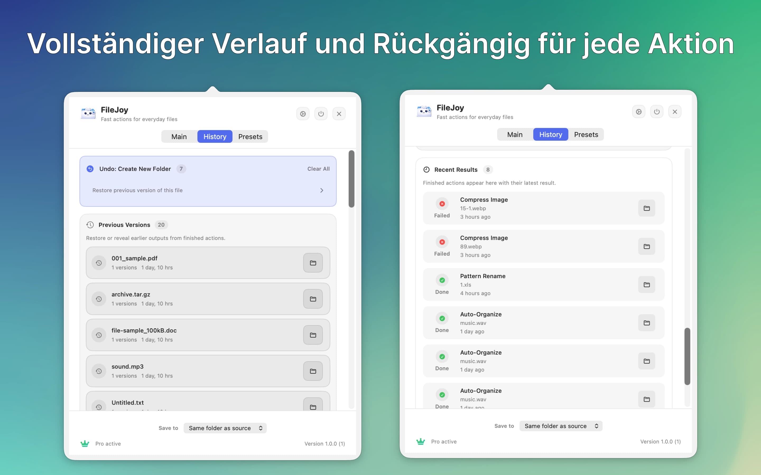 Vollständiger Verlauf und Rückgängig für jede Aktion