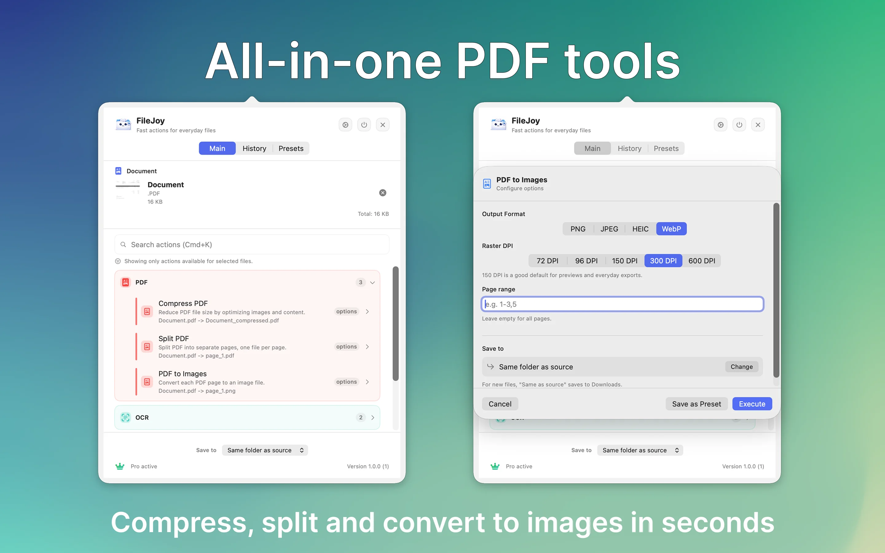 PDF tools: compress, merge, split, and export pages as images
