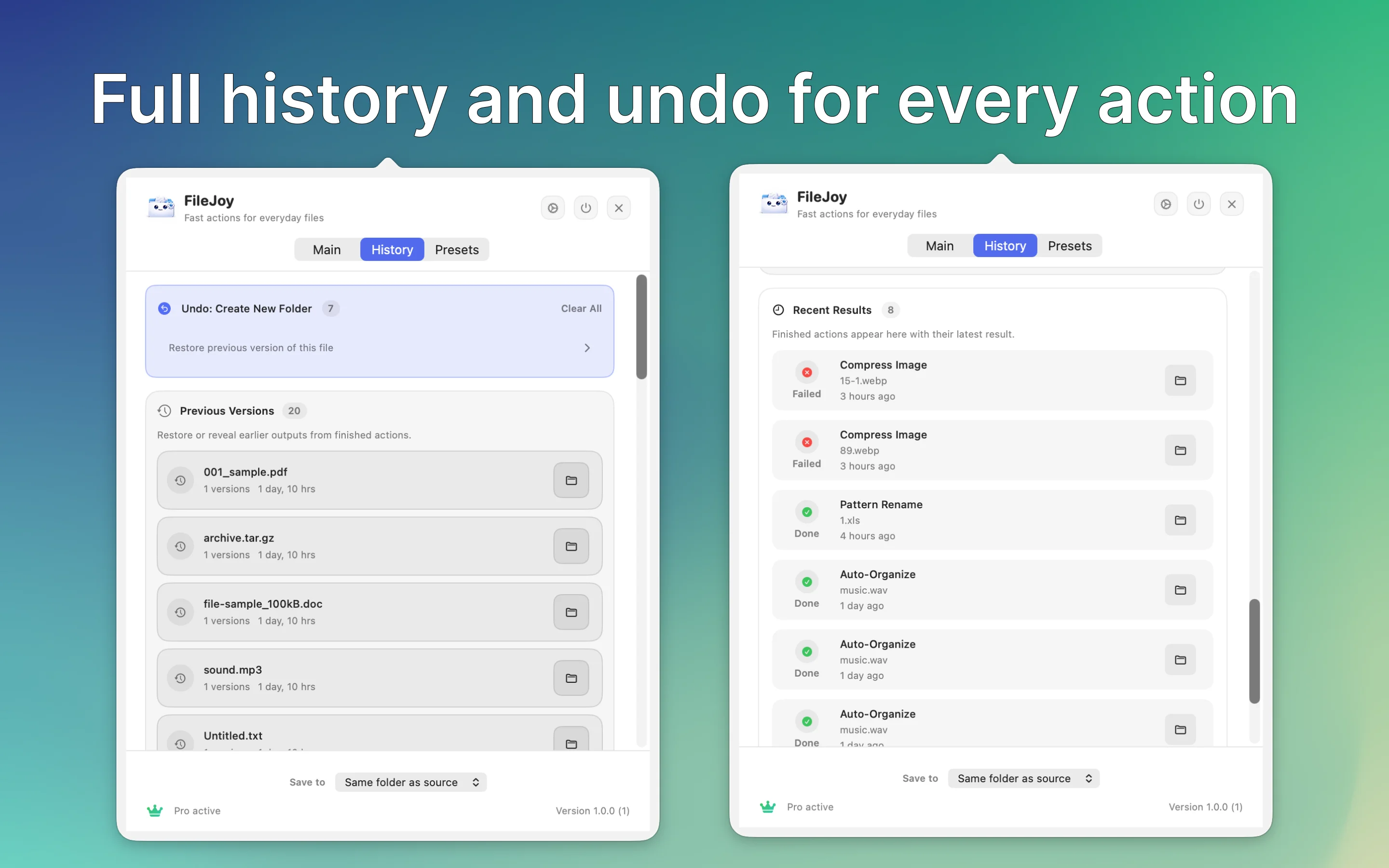 Full history and undo for every action