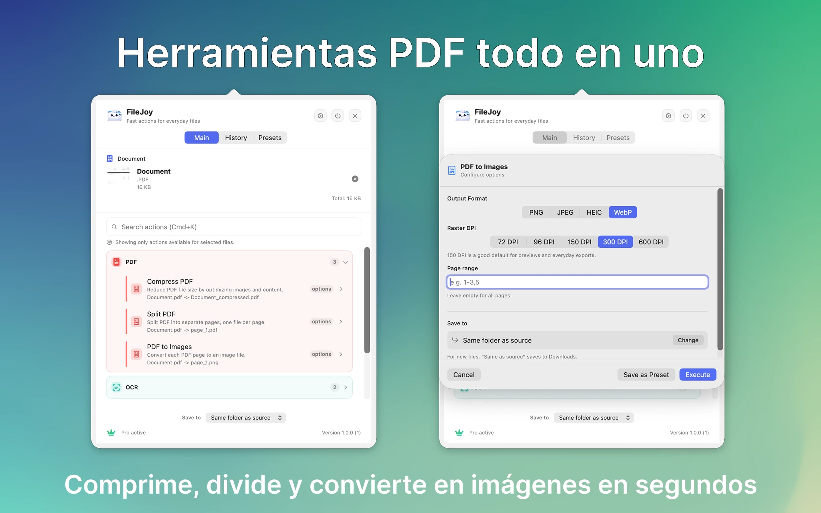 Herramientas PDF: comprimir, unir, dividir y exportar páginas como imágenes