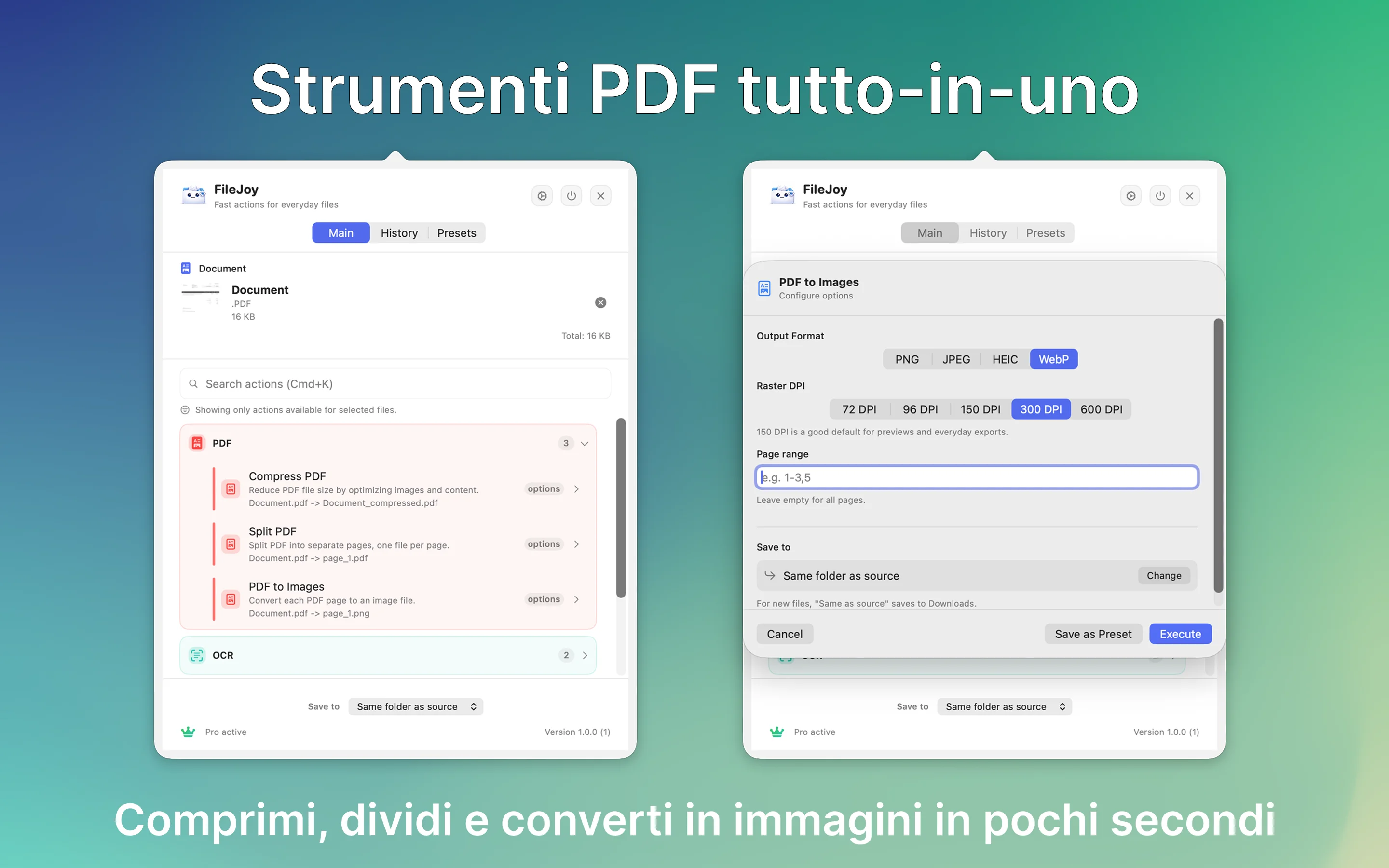 Strumenti PDF: comprimi, unisci, dividi ed esporta pagine come immagini
