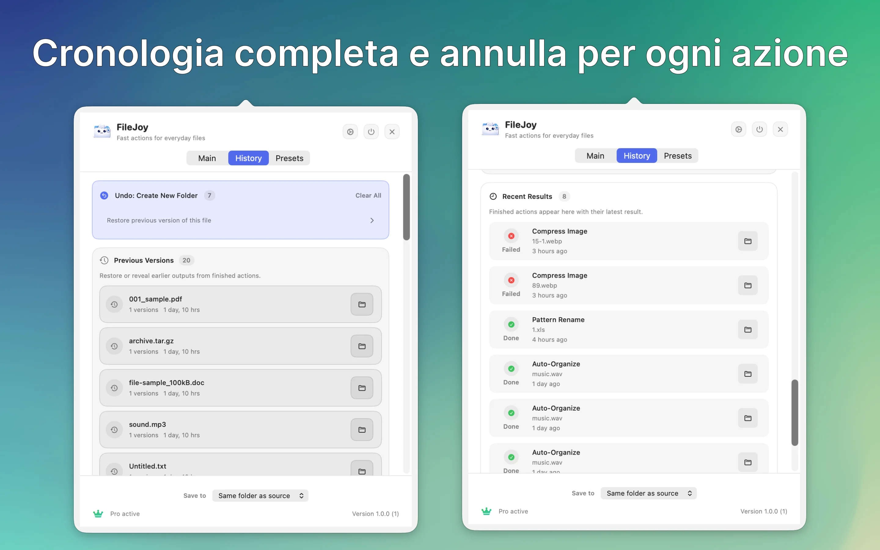 Cronologia completa e annullamento per ogni azione