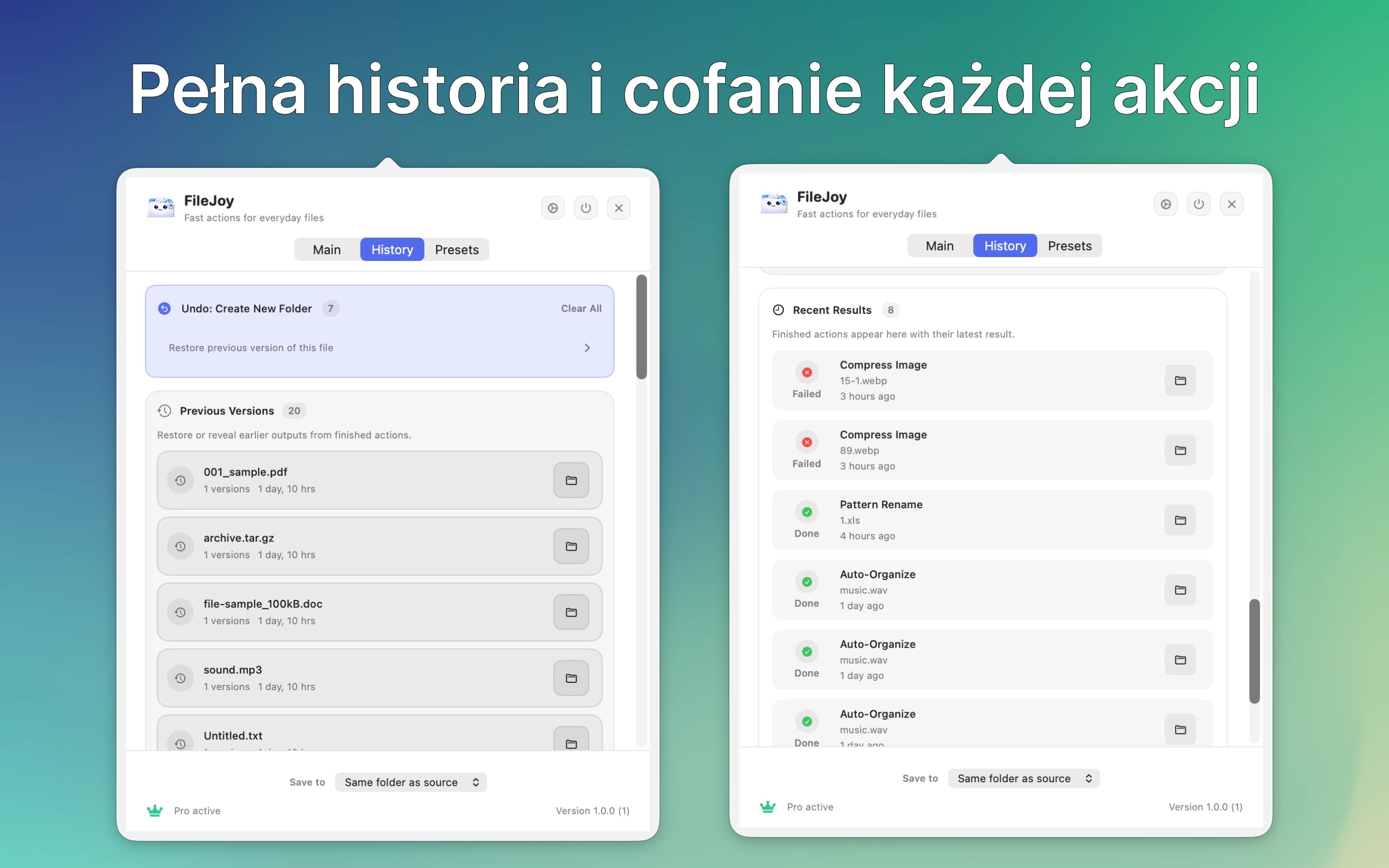 Pełna historia i cofanie kadej akcji